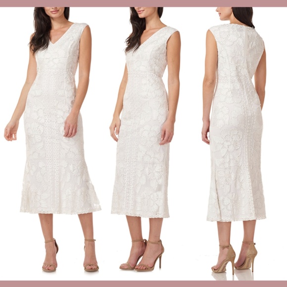 NEW JS Collections [ 16 ]‎ Beaded V-Neck Midi Dress in White - Picture 1 of 12